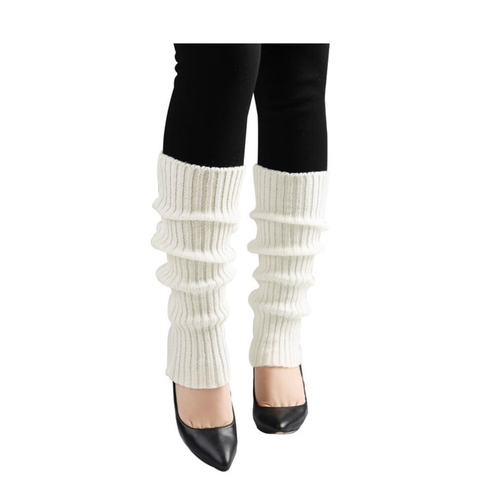 Knitted Toeless Solid Warm Stretchy Knee High Ribbed Leg Warmers 10-15" White